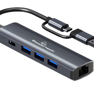 POWERTECH USB hub PTR-0150 με θύρα δικτύου, 4 θυρών, USB & USB-C, γκρι