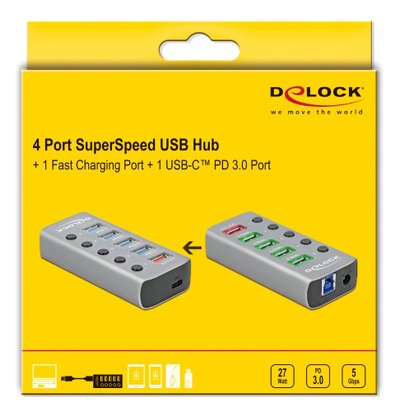 DELOCK USB hub 63263 με διακόπτες, 6x θυρών, 5Gbps, 12V/2.25A PD, γκρι - Image 3
