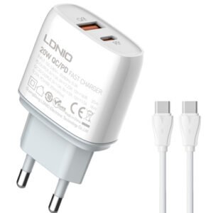 LDNIO φορτιστής τοίχου Q229 με καλώδιο, USB & USB-C, 20W PD, λευκός