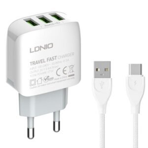 LDNIO φορτιστής τοίχου A3312 με καλώδιο USB-C, 3x USB, 17W, λευκός