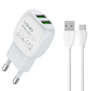 LDNIO φορτιστής τοίχου A2218 με καλώδιο USB-C, 2x USB, 12W, λευκός