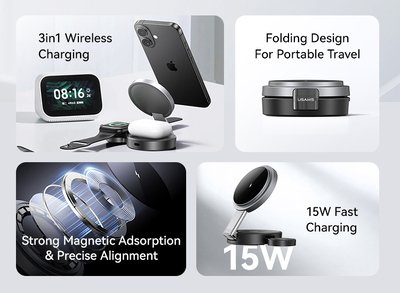 USAMS ασύρματος φορτιστής CD234, 3 σε 1, 15W, μαύρος - Image 3