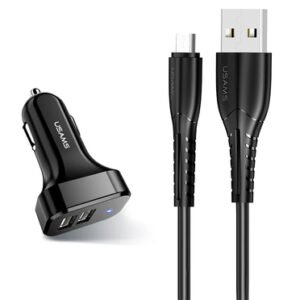 USAMS φορτιστής αυτοκινήτου C13 & καλώδιο Micro USB, 2x USB, 2.1A, μαύρο
