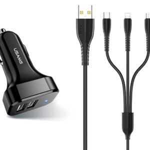 USAMS φορτιστής αυτοκινήτου C13 & καλώδιο 3 σε 1, 2x USB, 2.1A, μαύρο