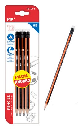 MP ξύλινο μολύβι με γόμα PE301-3, τρίγωνο, HB, 12τμχ
