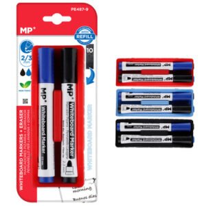 MP μαρκαδόροι & σφουγγάρι ασπροπίνακα PE487-9, 2/3mm μαύρος & μπλε, 2τμχ