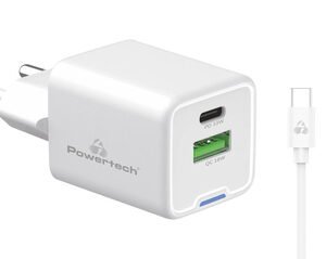 POWERTECH φορτιστής τοίχου PT-1224, καλώδιο, USB/USB-C, 33W, GaN, λευκός