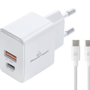 POWERTECH φορτιστής τοίχου PT-1248, καλώδιο, USB/USB-C, 20W, GaN, λευκός
