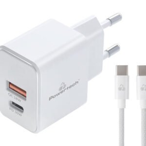 POWERTECH φορτιστής τοίχου PT-1249, καλώδιο, USB/USB-C, 30W, GaN, λευκός