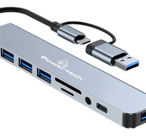 POWERTECH USB hub PTR-0151 με card reader, 8 θυρών, USB & USB-C, γκρι