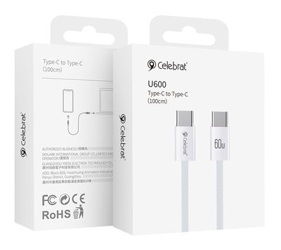 CELEBRAT καλώδιο USB-C U600, 60W, 480Mbps, 1m, λευκό - Image 3