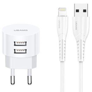 USAMS φορτιστής τοίχου T20 & καλώδιο Lightning, 2x USB, 2.1A, λευκός