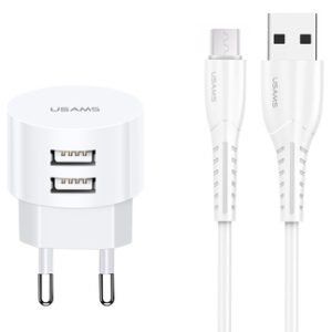USAMS φορτιστής τοίχου T20 & καλώδιο Micro USB, 2x USB, 2.1A, λευκός