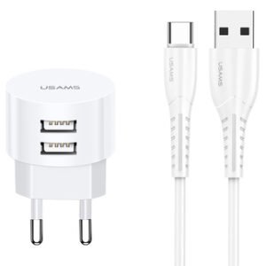 USAMS φορτιστής τοίχου T20 & καλώδιο type-C, 2x USB, 2.1A, λευκός